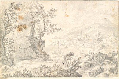 Landschap met een stad (Hamburg?) aan een meer of zeezicht door Jacob Stockmann