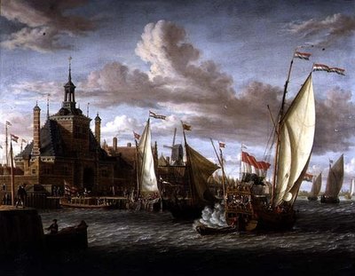 Een jacht van de Staten van Zeeland vuurt een saluut af bij de Dude Hoofdpoort, Rotterdam door Jacob Storck