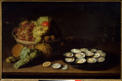 Stilleven, oesters en fruit door Jacob Van Es