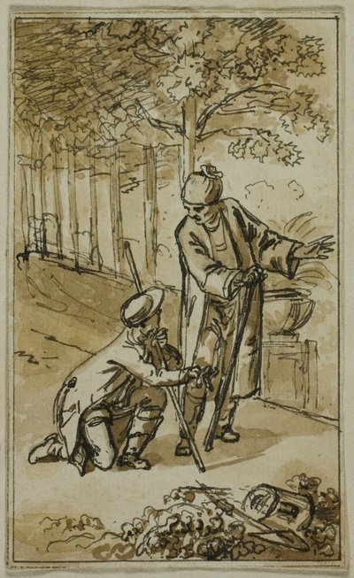 Literaire illustratie: Heer en knielende tuinman door Jacob Wilhelm Mechau