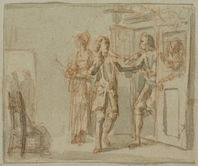 Literaire illustratie: Twee mannen en vrouw in interieur door Jacob Wilhelm Mechau