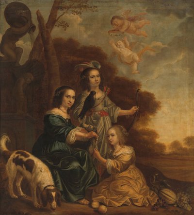 Portret van Geertruyt, Margriet en Anna Delff, de dochters van de kunstenaar door Jacob Willemsz. Delff (II)