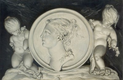 Flora in een geschilderde rondel ondersteund door putti zwevend op wolken door Jacob Xavery