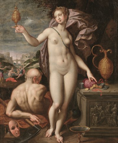 Juno die een Gouden Vat en een Geldzak Vasthoudt door Jacob de (studio of) Backer