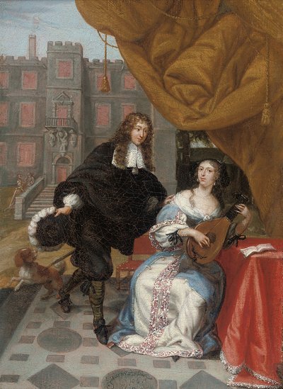 Een heer die een dame het hof maakt met muziek in een binnenplaats, 1668 door Jacob de Fourmentrou