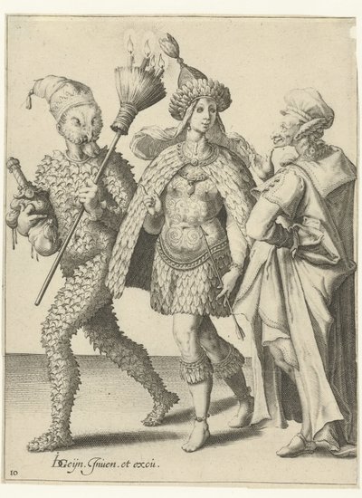 Drie gemaskerde figuren, één van hen met een bezem waarin kaarsen zijn gestoken door Jacob de Gheyn (II) (workshop of)