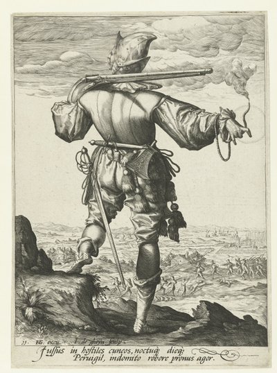 Musketier met helm op door Jacob de Gheyn (II)