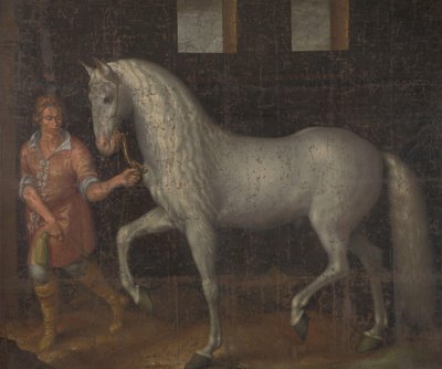 Een Spaanse oorlogspaard gevangen door Lodewijk Gunther van Nassau van aartshertog Albert van Oostenrijk in de Slag bij Nieuwpoort en gepresenteerd aan Prins Maurits door Jacob de Gheyn (II)