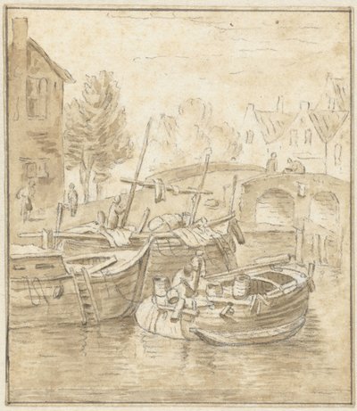 Schepen bij een brug in een stad door Jacob de Vos