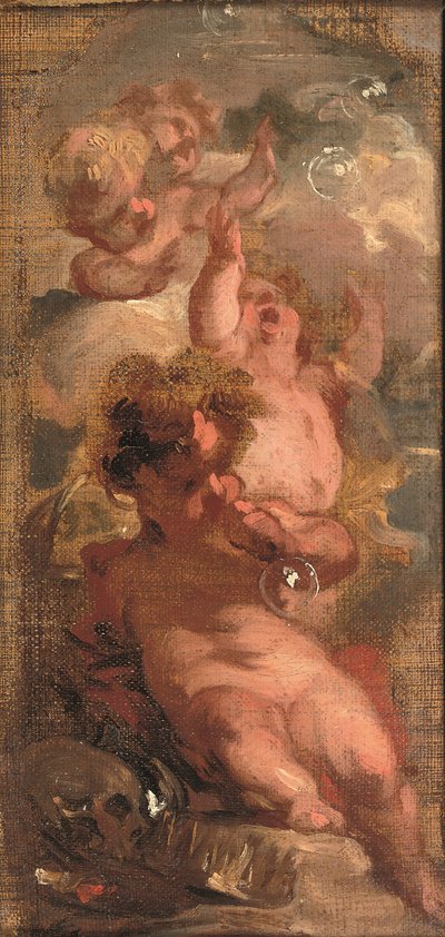 Een allegorie van Vanitas: Vier putti die bellen blazen, een schedel, een schilderspalet en een kroon in de buurt door Jacob de Wit