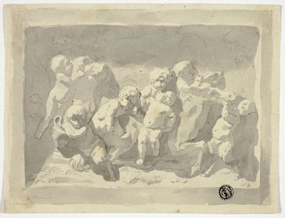 Baby Saters en Putti spelen met ezel door Jacob de Wit