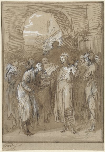 Christus te midden van Farizeeërs voor een poort door Jacob de Wit
