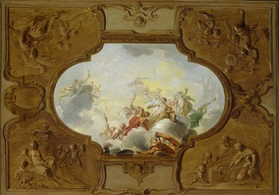 Ontwerp voor een plafondschildering met de apotheose van Aeneas, in de hoeken de vier seizoenen door Jacob de Wit