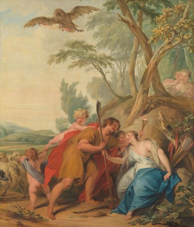 Jupiter, vermomd als herder, verleidt Mnemosyne, de godin van het geheugen door Jacob de Wit
