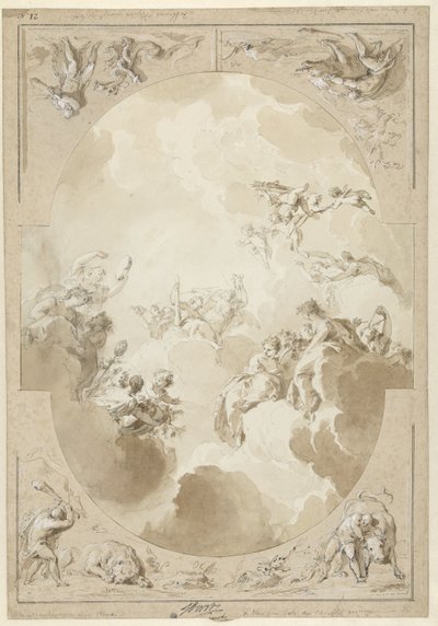 Ontwerp voor een plafondschildering met de apotheose van Hercules en vier van zijn werken door Jacob de Wit