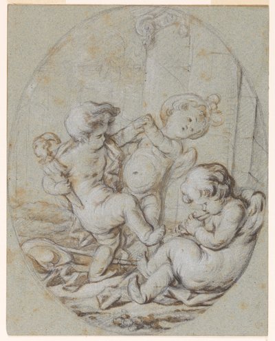 Drie putti: Ontwerp voor een grisaille schilderij door Jacob de Wit