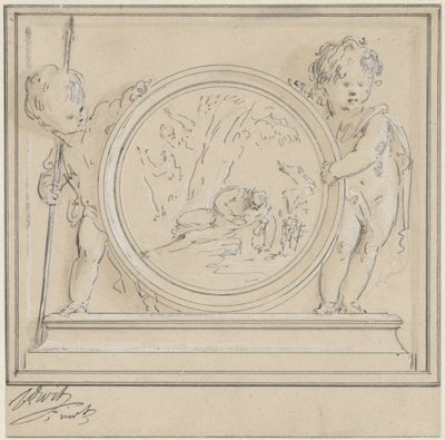 Twee putti met medaillon, waarin Narcissus en Echo door Jacob de Wit