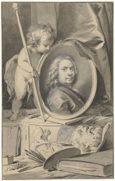 Zelfportret in medaillon omringd door schildersattributen door Jacob de Wit