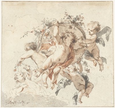 Zwevende cherubijnen met een bloemenmand door Jacob de Wit