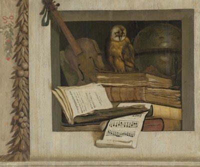 Stilleven met boeken, bladmuziek, viool, hemelglobe en een uil door Jacob van Campen