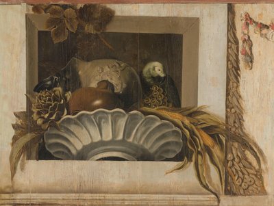 Stilleven met een kom maïs, artisjokken, druiven en een papegaai door Jacob van Campen