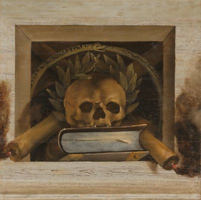 Vanitas stilleven met schedel met lauwerkrans, boek en twee brandende kaarsen door Jacob van Campen
