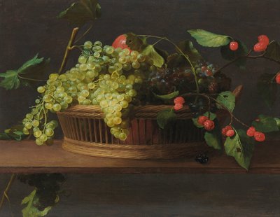 Een mandje druiven en frambozen op een richel door Jacob Van Es