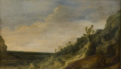 Berglandschap met uitzicht op een rivier en de zee door Jacob van Geel