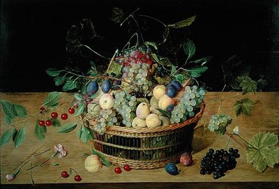 Een mand met fruit door Jacob van Hulsdonck