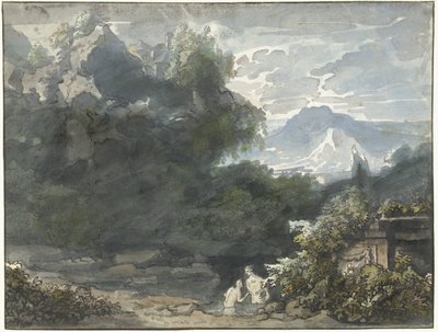 Baders bij antiek monument in bergachtig landschap door Jacob van Liender