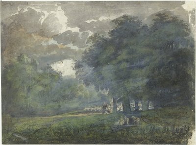 Herders met kudde in bosrijk landschap door Jacob van Liender