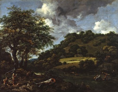 Een heuvelachtig landschap met hoge eiken door Jacob van Ruisdael