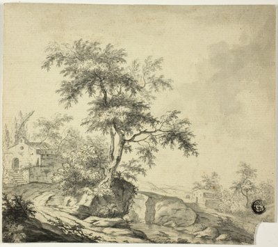 Landschap met Boom op Weg naar Gebouwen door Jacob van Ruisdael