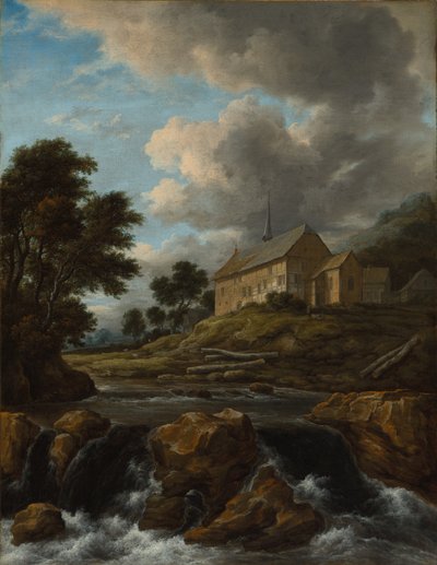 Landschap met een kerk bij een stroom door Jacob van Ruisdael