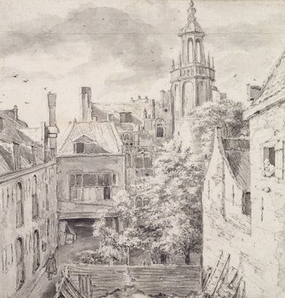 Zicht op de binnenplaats van het huis van de boogschutters van het St. Sebastian Gilde aan de Singel in Amsterdam door Jacob van Ruisdael