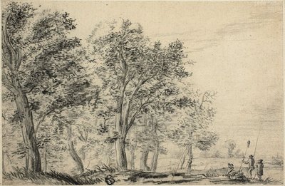 Bosrijk Rivierlandschap met Drie Mensen die Vissen door Jacob van Ruisdael
