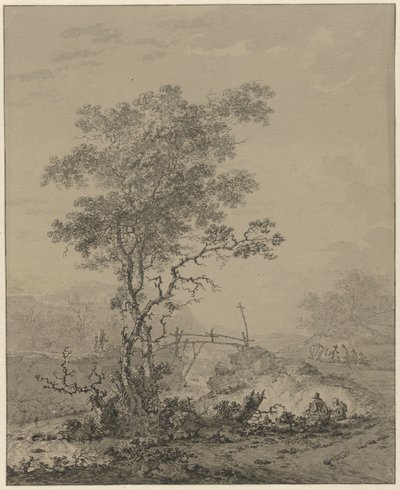 Bergachtig landschap met een boom bij een rivier, een brug en enkele figuren door Jacob van Strij