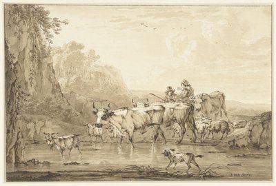 Herder en herderin met runderen en schapen bij een poel door Jacob van Strij