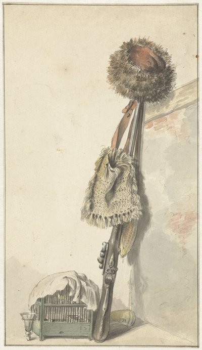 Jachtstilleven met vogelkooi door Jacob van Strij