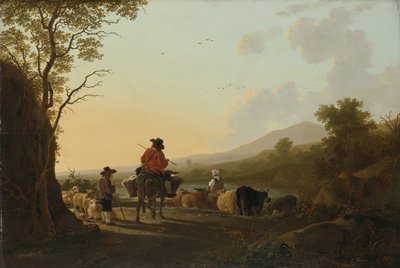 Landschap met veedrijver en herder door Jacob van Strij