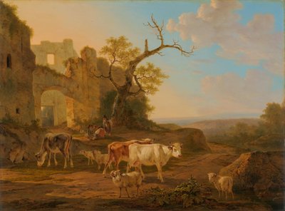 Landschap met koeien bij een ruïne door Jacob van Strij