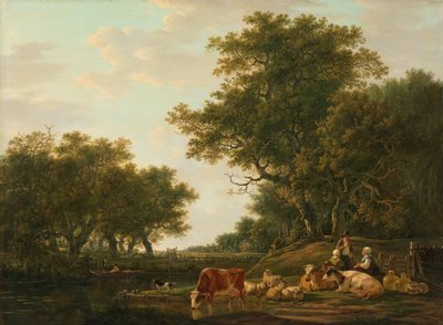 Landschap met Boeren met hun Vee en Vissers aan het Water door Jacob van Strij