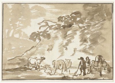 Landschap met koeien en een herder door Jacob van Strij