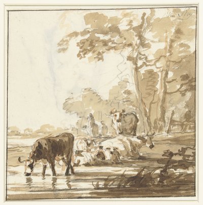 Rustend vee aan een bosrand bij een poel door Jacob van Strij
