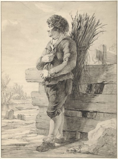Staande man met een bundel takken op de rug door Jacob van Strij