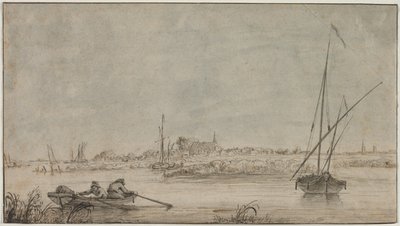 Uitzicht op Dordrecht vanaf de rivier door Jacob van Strij
