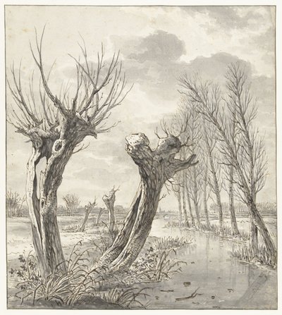 Winterlandschap met knotwilgen langs een bevroren sloot door Jacob van Strij