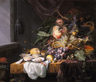 Stilleven met fruit en oesters door Jacob van Walscapelle