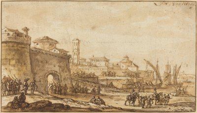 Een Kustscène met een Versterkte Stad door Jacob van der Ulft