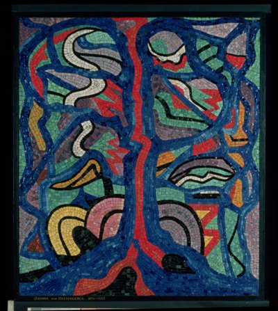 Boom, compositie in rood, zwart, blauw en geel door Jacoba Berendina van Heemskerck van Beest